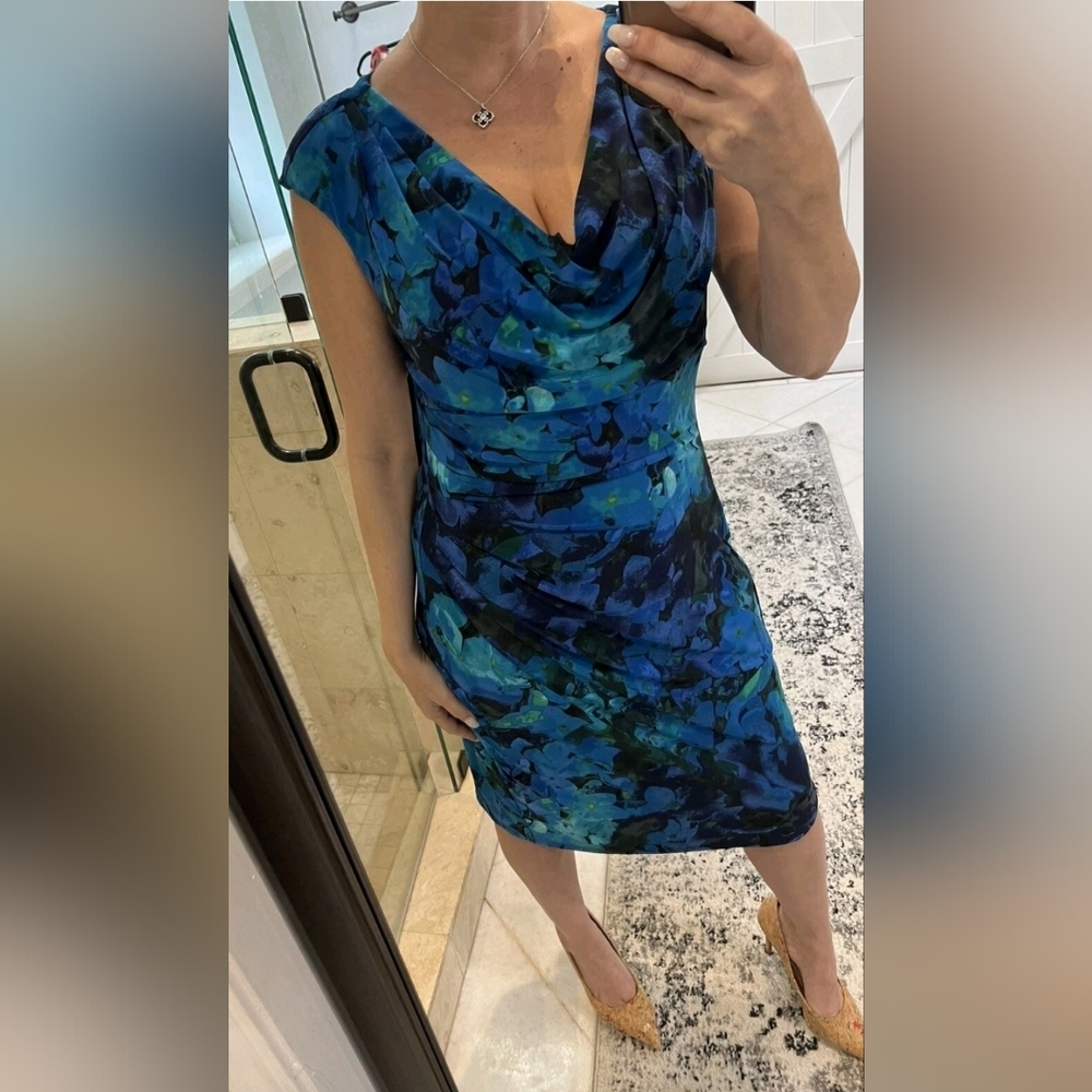 Lauren RL rouched cowl-neck stretch dress royal teal purple black sz 10